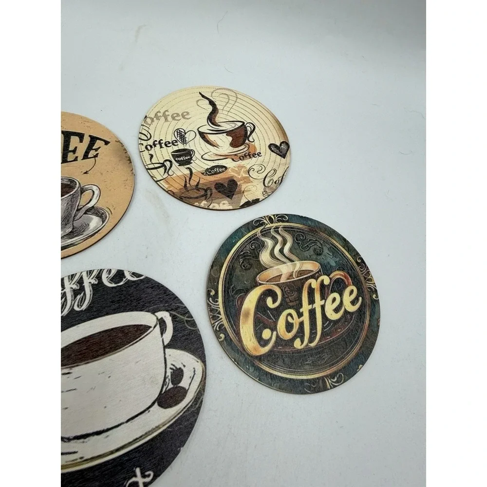 Set Of 8 Wooden Painted Coffee Themed Coasters NEW Natural Wood
